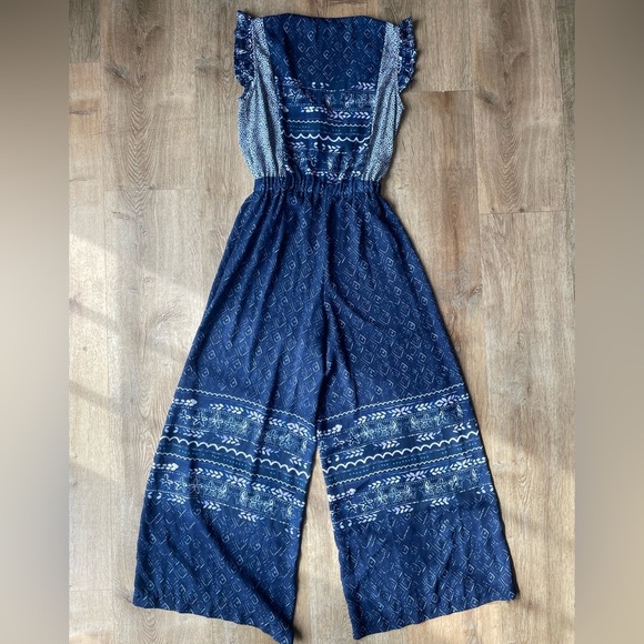 Aqua Navy Blue Boho Wide Leg Jumpsuit Women’s Size Small Flutter Sleeve - Picture 5 of 5